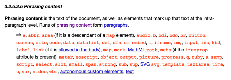HTML 사양 문서의 Phrasing content 설명